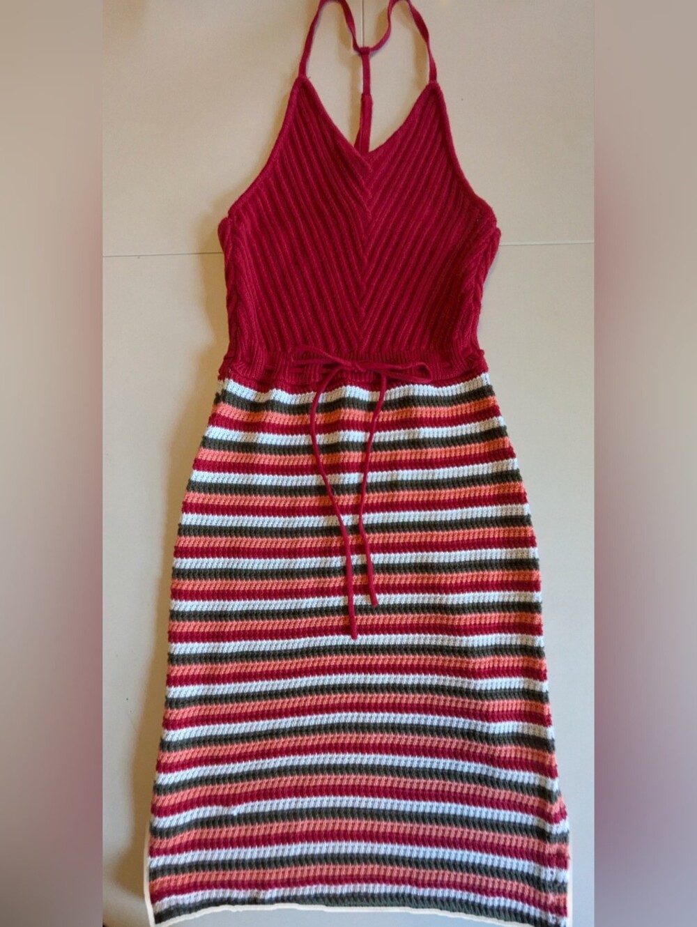 Candie's Boho Red And Striped Knit Crochet Tank Top Midi Dress Sz. M